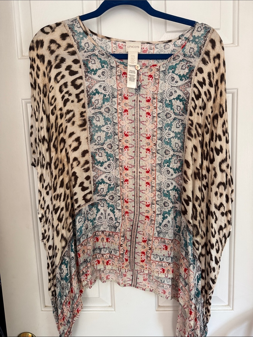 Chico's Leopard Sleeve Tunic with Teal & Red Paisley Panel
